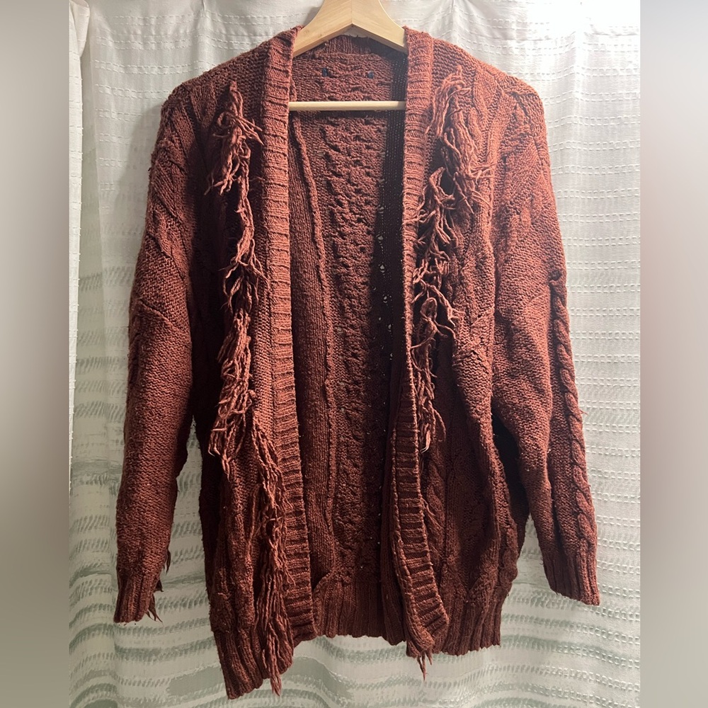 Cozy Fringe Knit Sweater - Brown